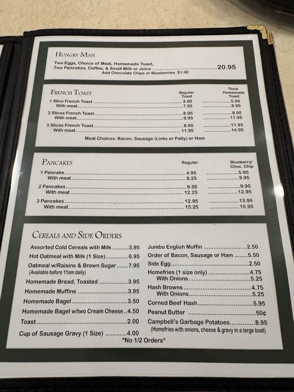 Printed diner menu with breakfast and lunch choices.