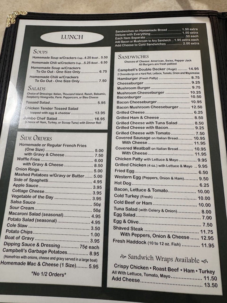 Menu page showing comfort food selections.